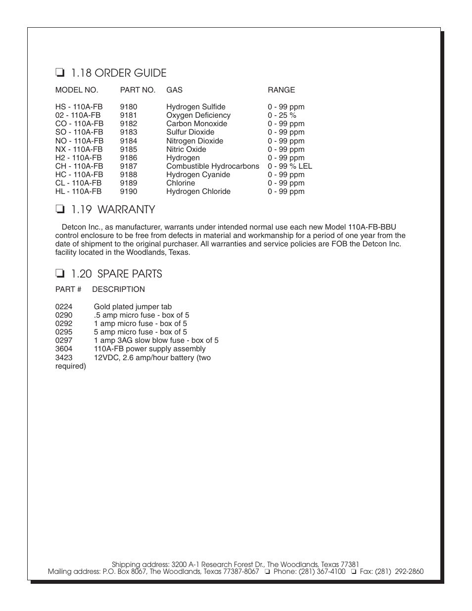 20 spare parts, 18 order guide, 19 warranty | Detcon 110A-FB-BBU User Manual | Page 5 / 8