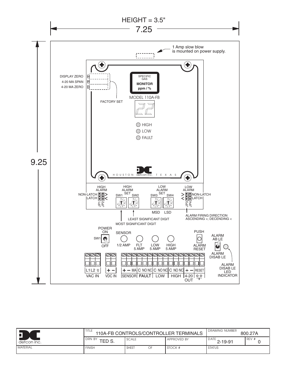 Height = 3.5 | Detcon 110A-FB-BBU User Manual | Page 6 / 8