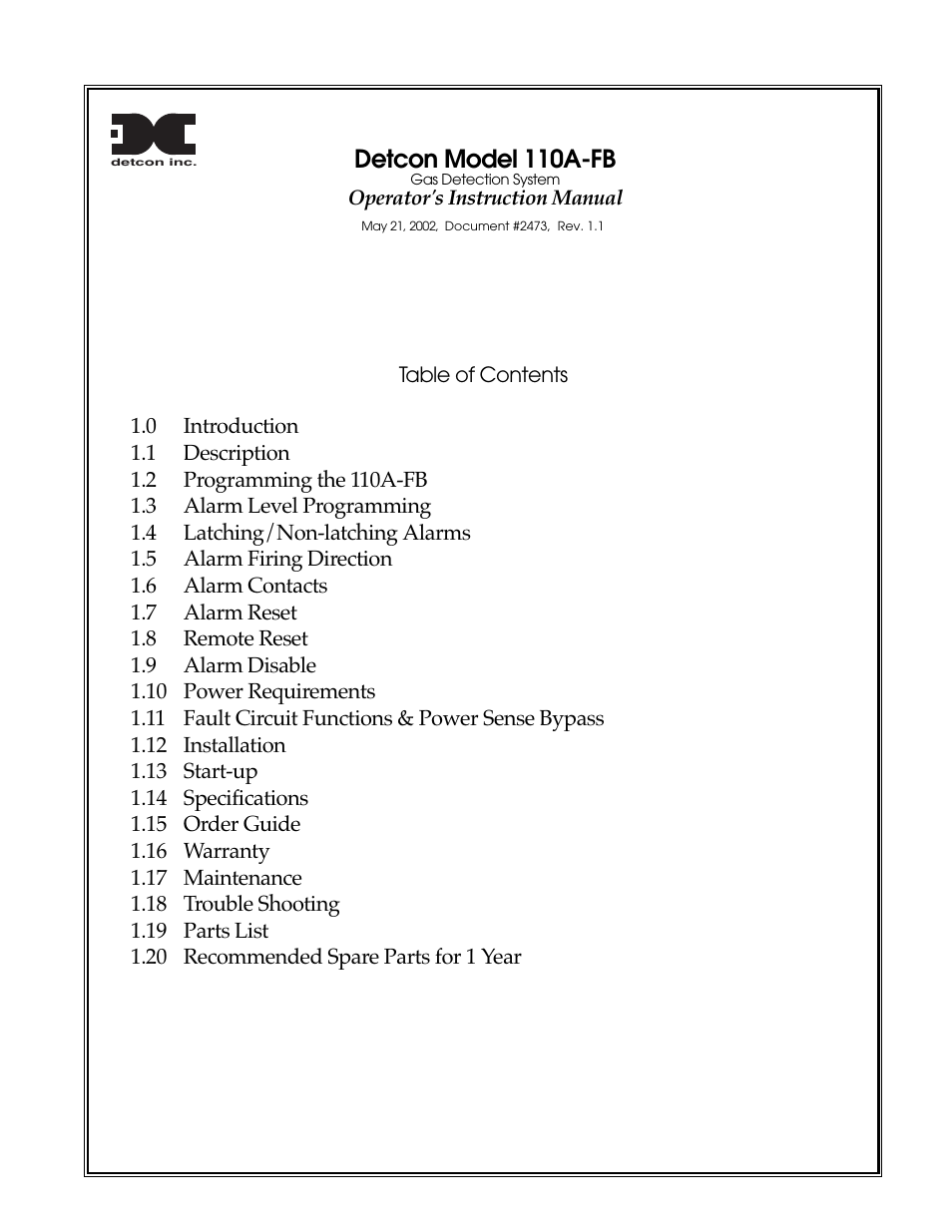 Detcon 110A-FB User Manual | 13 pages