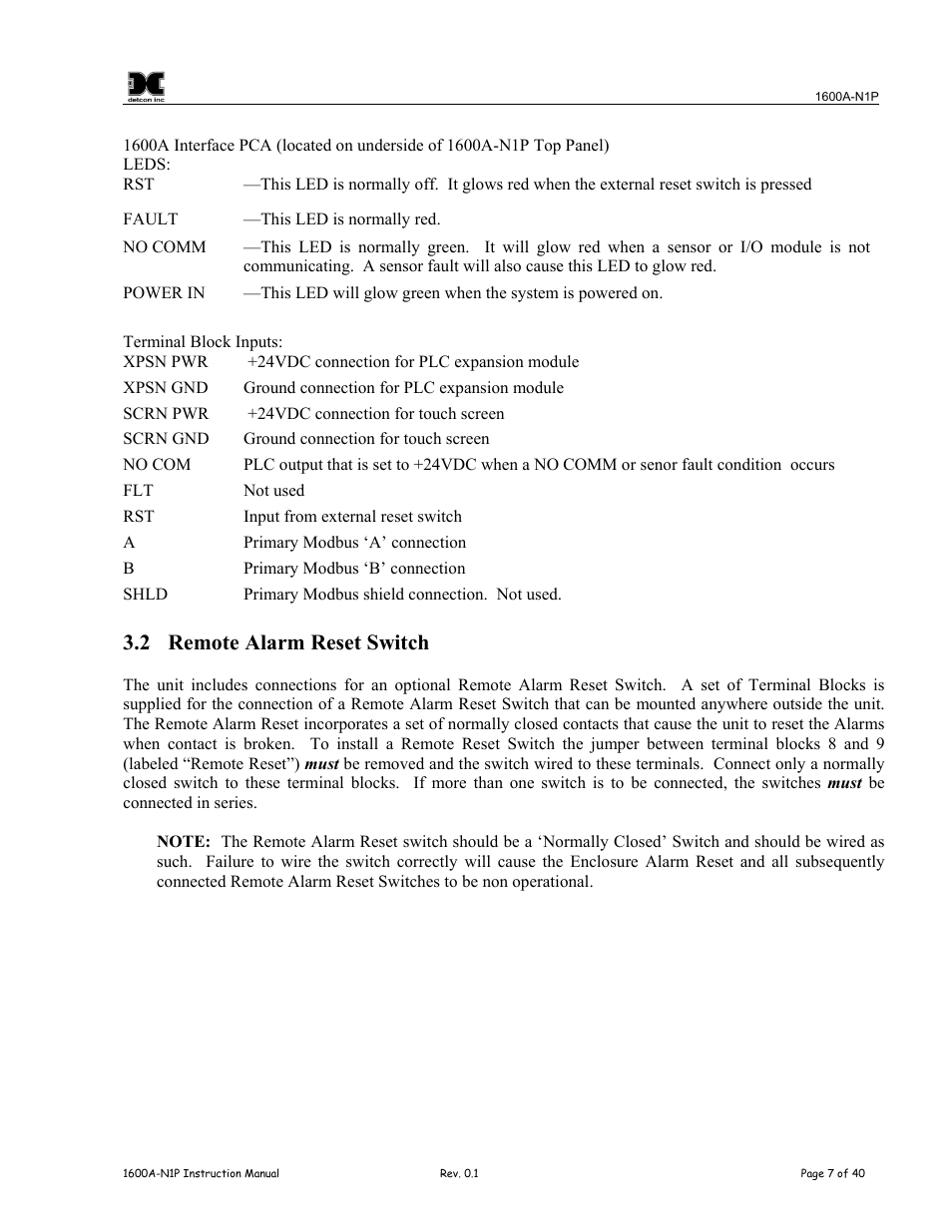 Remote alarm reset switch, 2 remote alarm reset switch | Detcon 1600A-N1P User Manual | Page 11 / 52