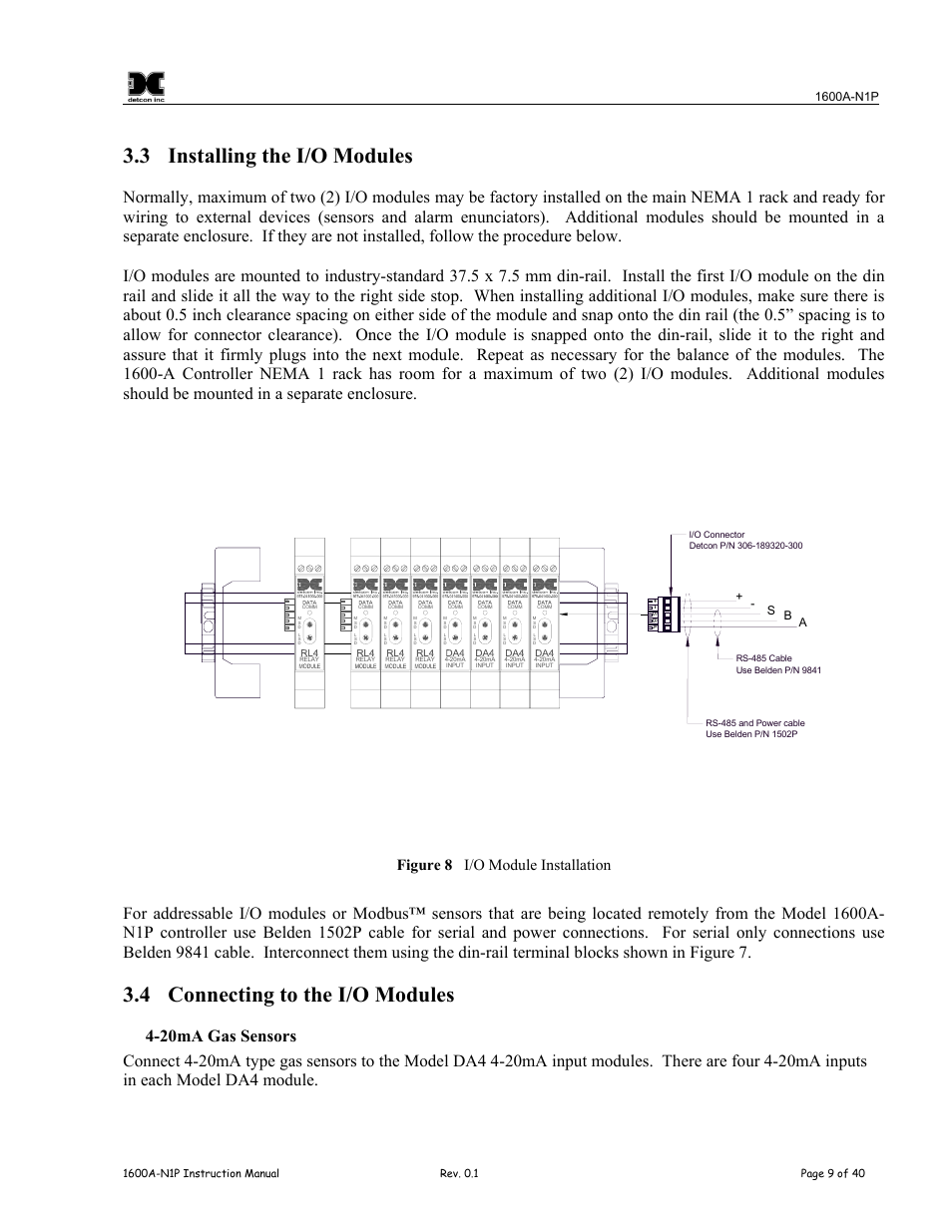 Installing the i/o modules, Connecting to the i/o modules, Figure 8 i/o module installation | 3 installing the i/o modules, 4 connecting to the i/o modules, S b a | Detcon 1600A-N1P User Manual | Page 13 / 52