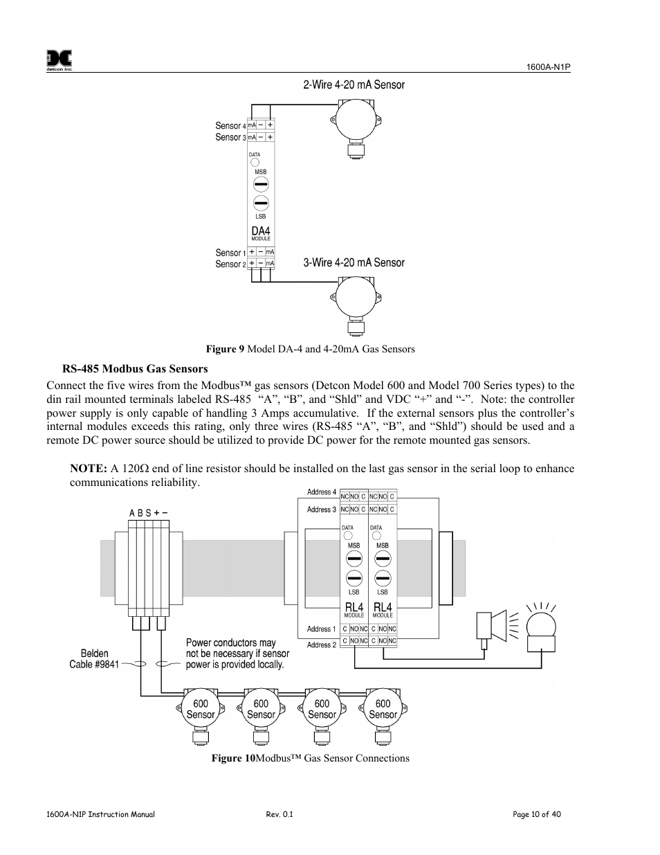 Figure 9 model da-4 and 4-20ma gas sensors, Figure 10modbus™ gas sensor connections | Detcon 1600A-N1P User Manual | Page 14 / 52