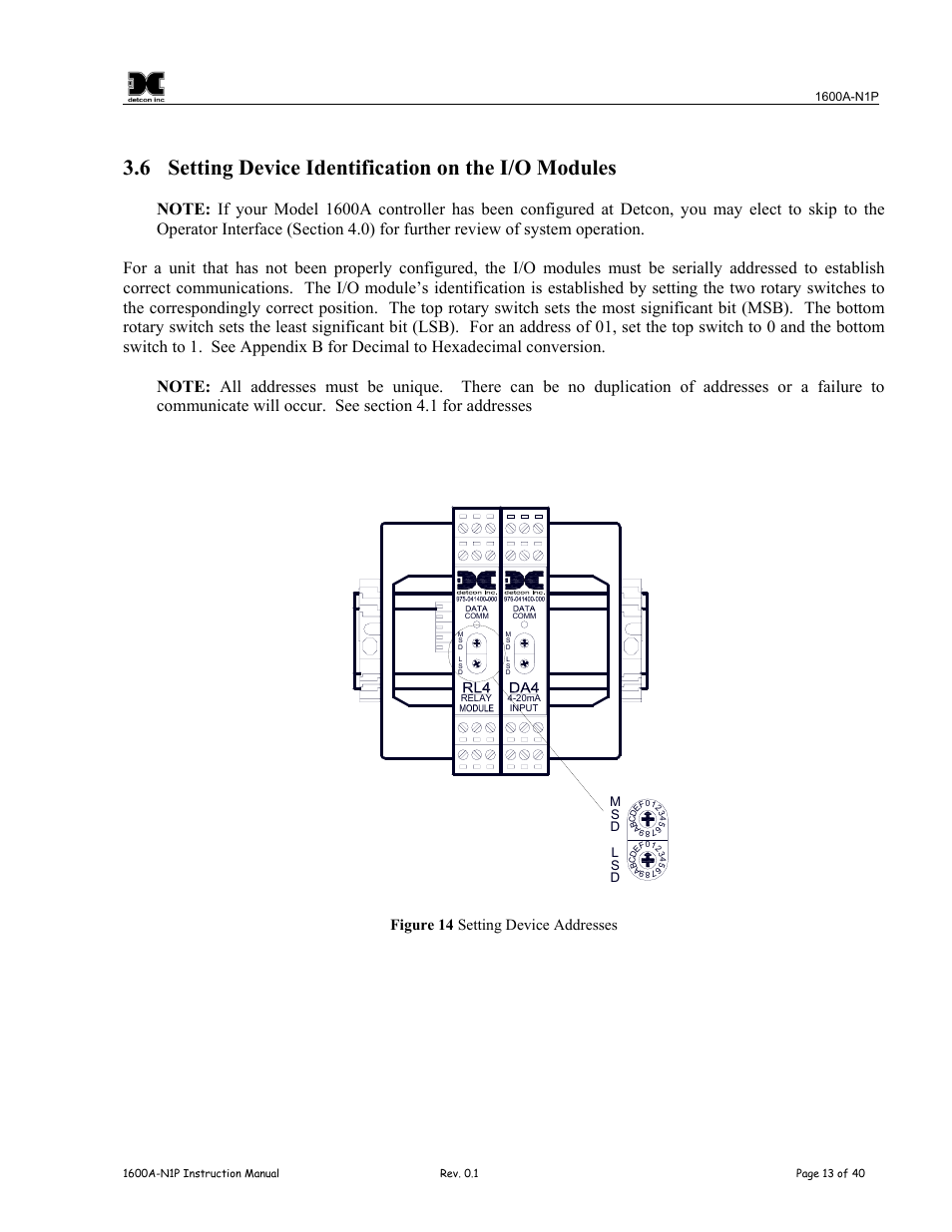 Setting device identification on the i/o modules, Figure 14 setting device addresses, 6 setting device identification on the i/o modules | Detcon 1600A-N1P User Manual | Page 17 / 52