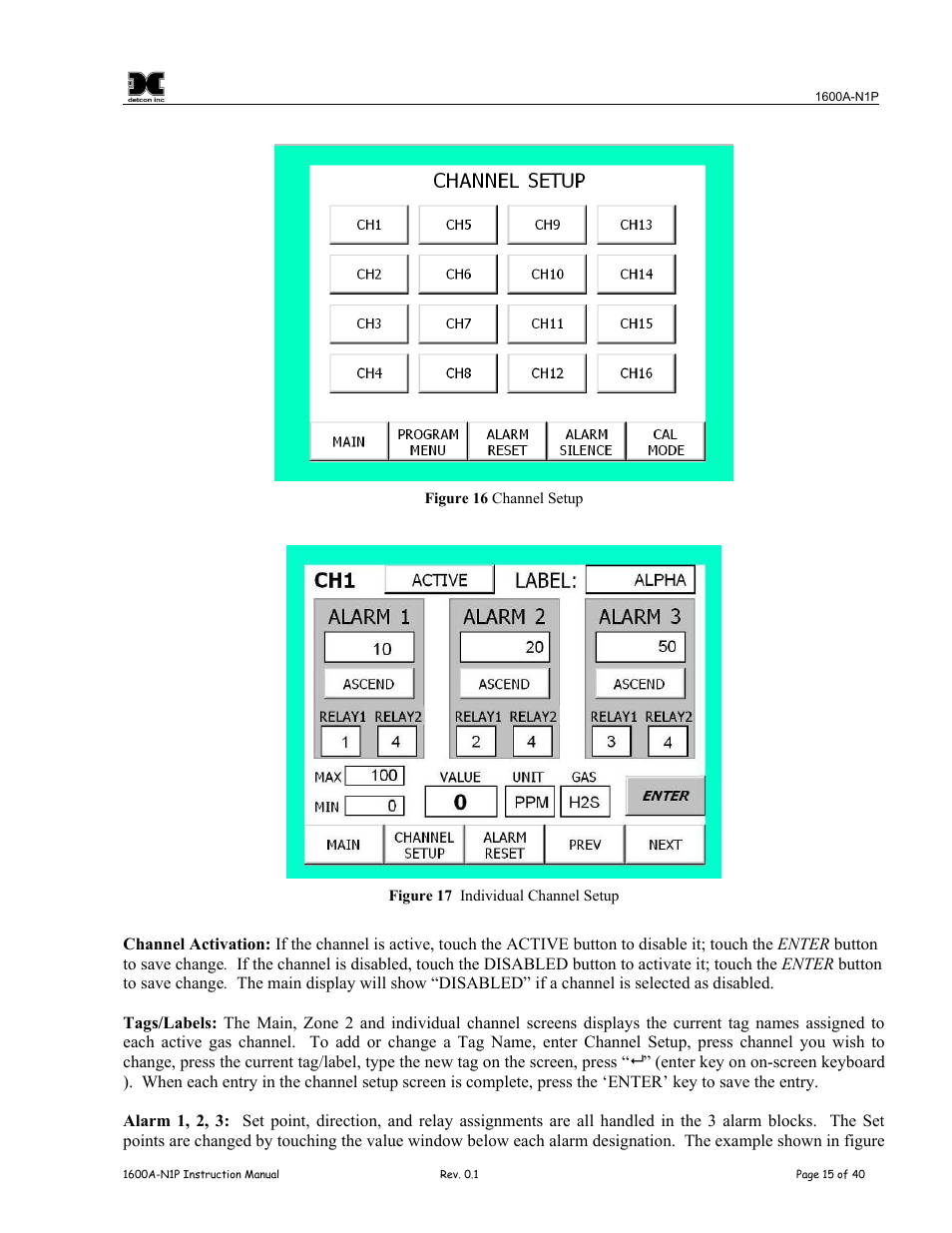 Figure 16 channel setup, Figure 17 individual channel setup, To exit t | Figure 16, Figure 17 | Detcon 1600A-N1P User Manual | Page 19 / 52