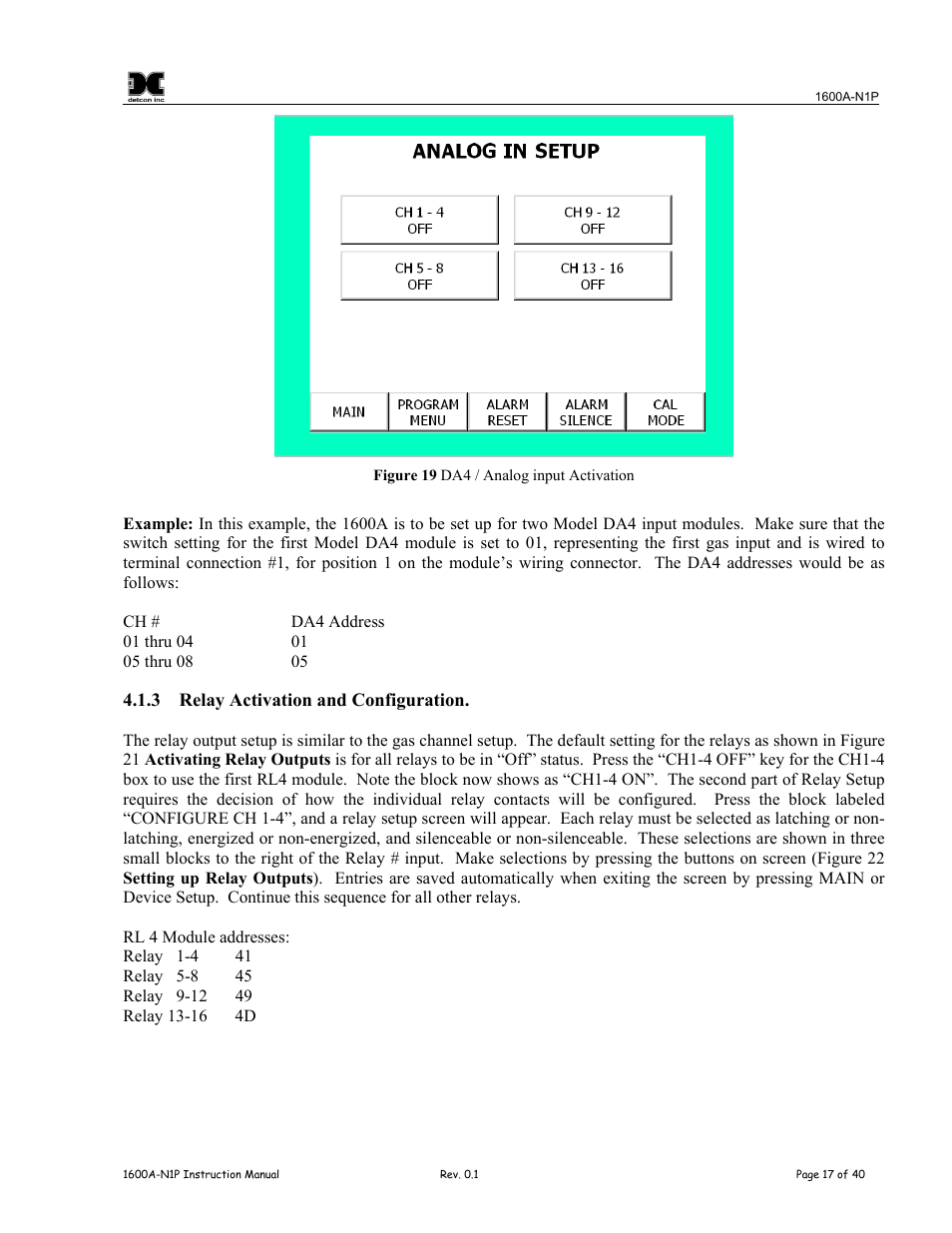 Relay activation and configuration, Figure 19 da4 / analog input activation | Detcon 1600A-N1P User Manual | Page 21 / 52