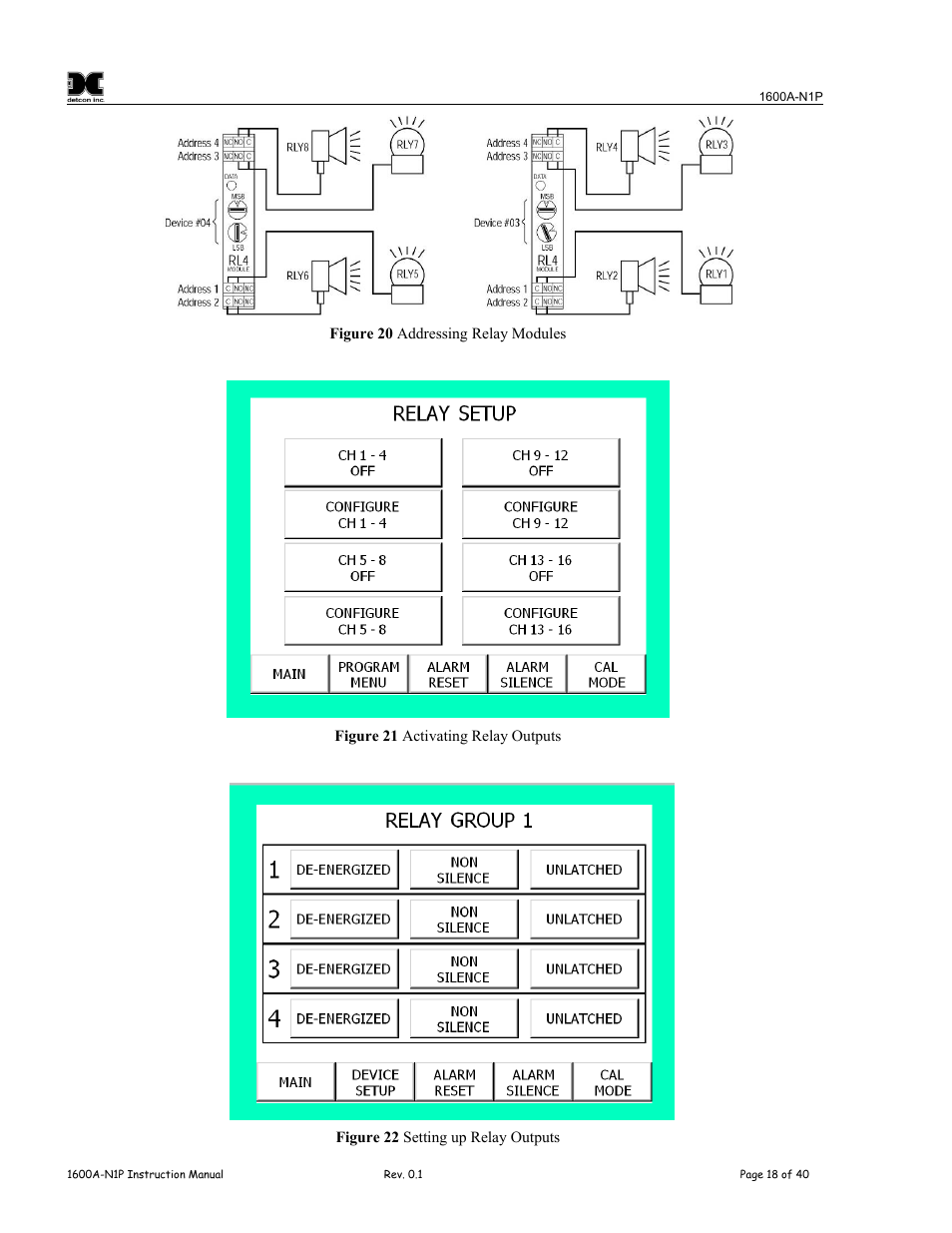 Figure 20 addressing relay modules, Figure 21 activating relay outputs, Figure 22 setting up relay outputs | Is for all relay, Entries are saved automatically, Figure, 21 activating relay outputs, Figure 22, Setting up relay outputs | Detcon 1600A-N1P User Manual | Page 22 / 52