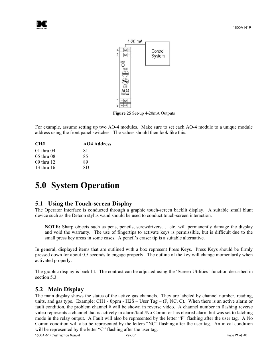 System operation, Using the touch-screen display, Main display | Figure 25 set-up 4-20ma outputs, 0 system operation, 1 using the touch-screen display, 2 main display | Detcon 1600A-N1P User Manual | Page 25 / 52