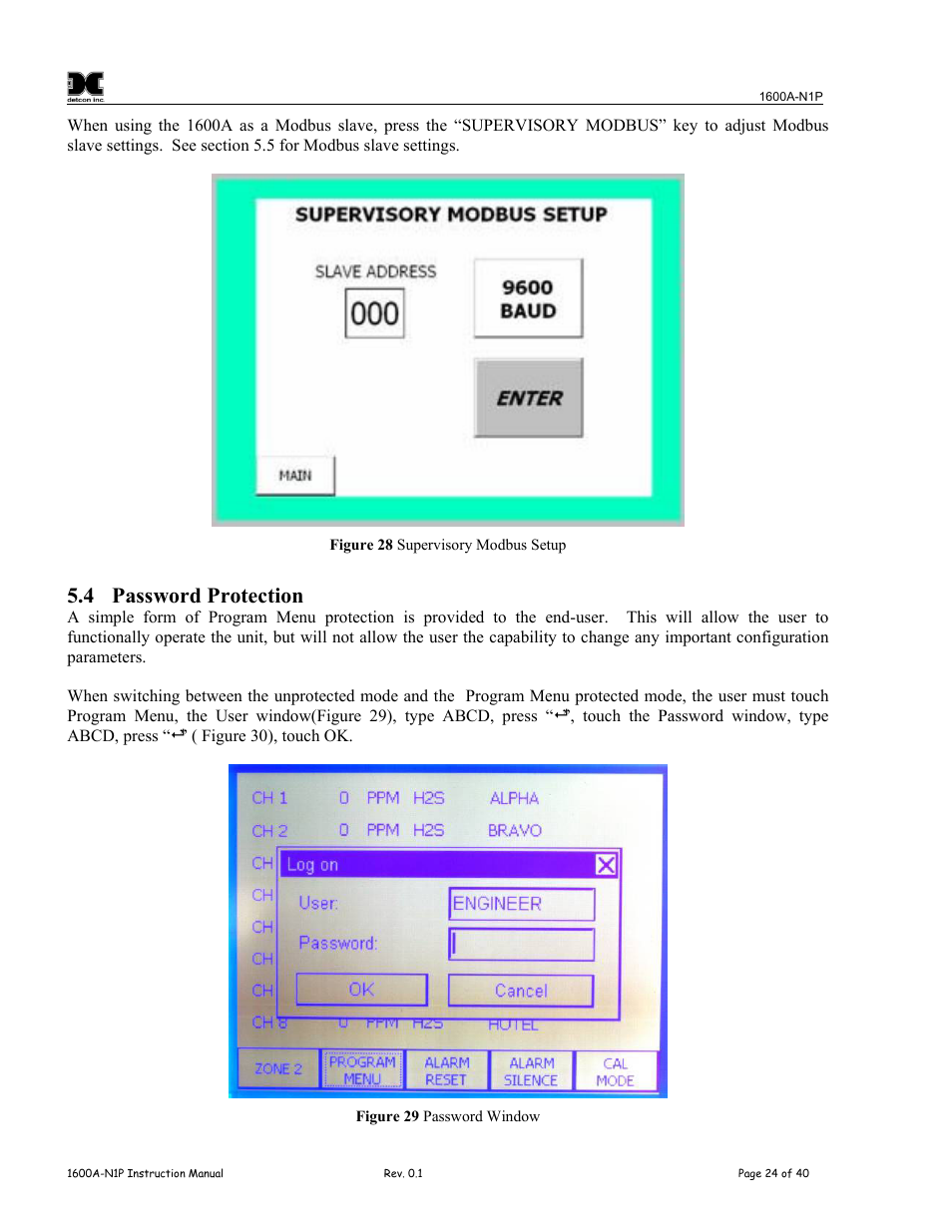 Password protection, Figure 28 supervisory modbus setup, Figure 29 password window | S in section 5.4, 4 password protection | Detcon 1600A-N1P User Manual | Page 28 / 52