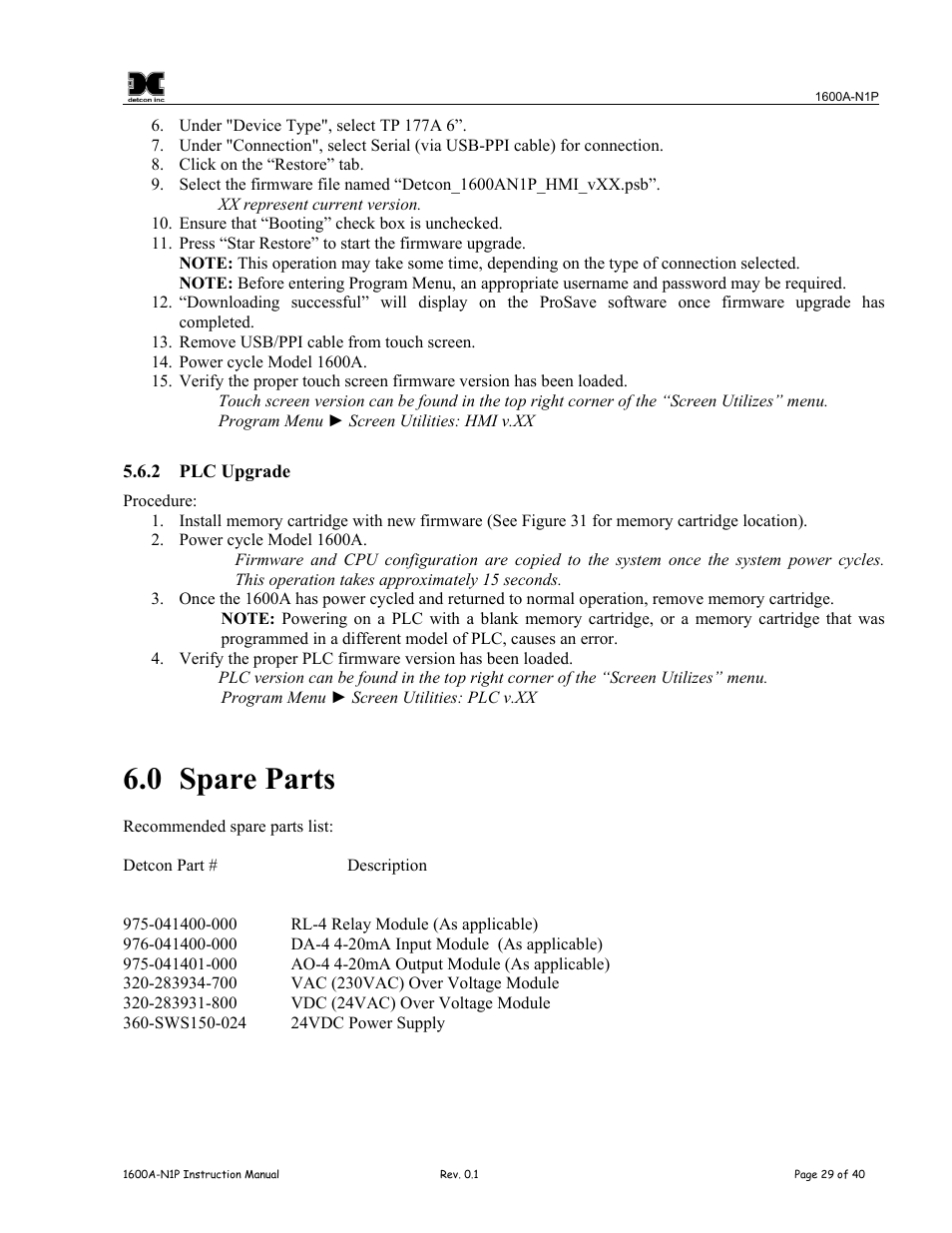 Plc upgrade, Spare parts, 0 spare parts | Detcon 1600A-N1P User Manual | Page 33 / 52