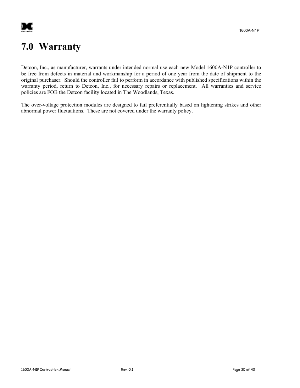 Warranty, 0 warranty | Detcon 1600A-N1P User Manual | Page 34 / 52