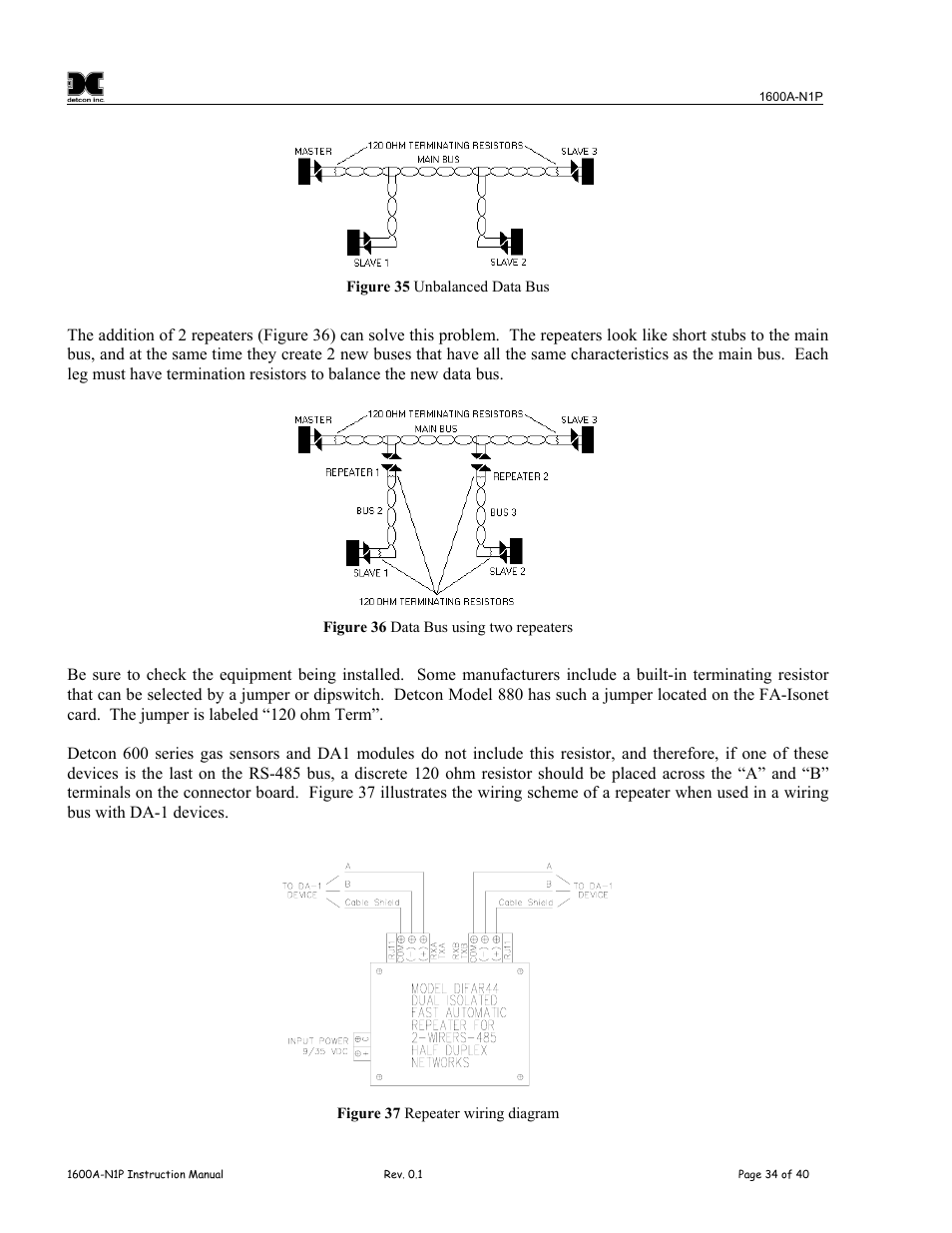 Figure 35 unbalanced data bus, Figure 36 data bus using two repeaters, Figure 37 repeater wiring diagram | Detcon 1600A-N1P User Manual | Page 38 / 52