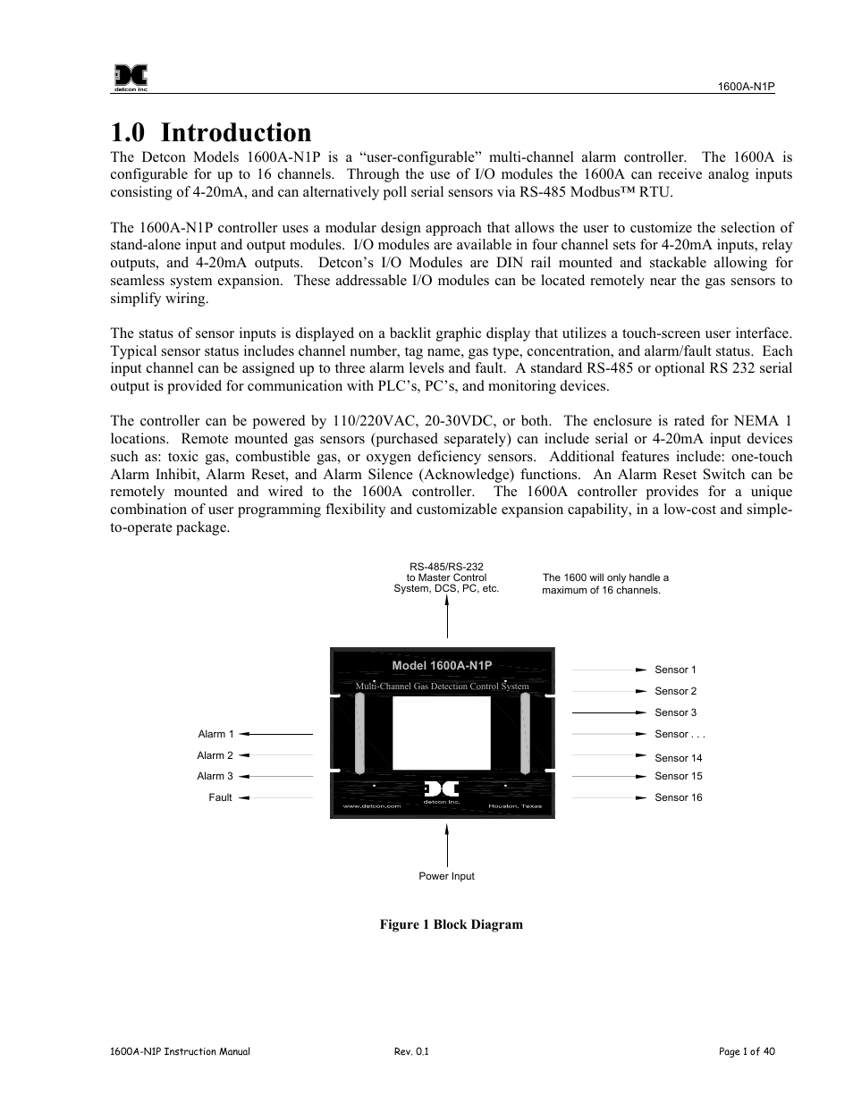Introduction, Figure 1 block diagram, 0 introduction | Detcon 1600A-N1P User Manual | Page 5 / 52