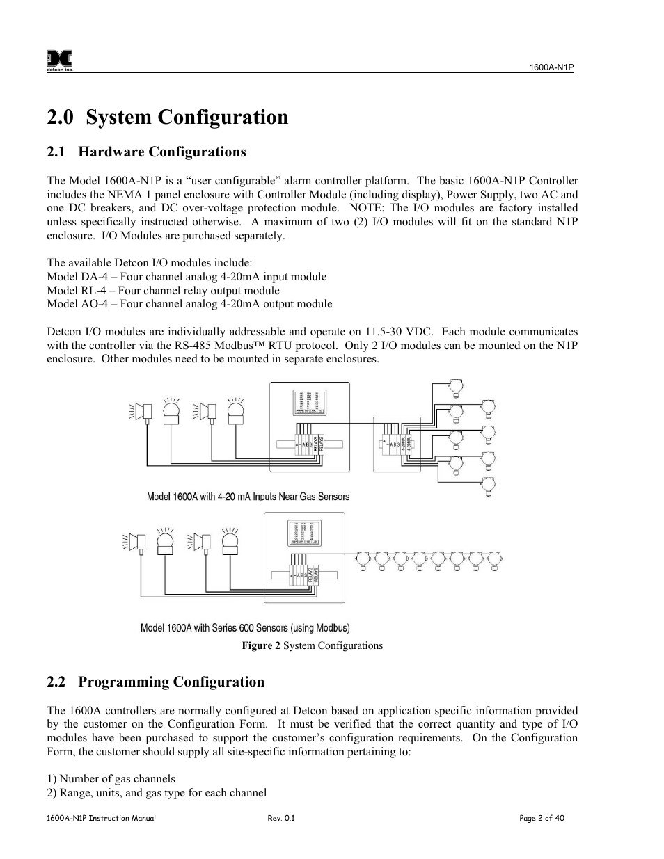 System configuration, Hardware configurations, Programming configuration | Figure 2 system configurations, 0 system configuration, 1 hardware configurations, 2 programming configuration | Detcon 1600A-N1P User Manual | Page 6 / 52