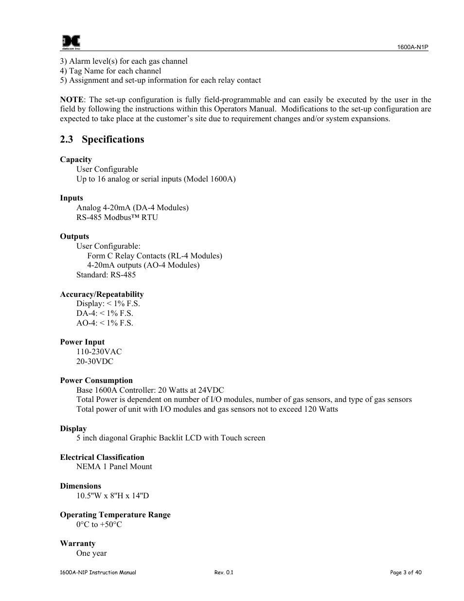 Specifications, 3 specifications | Detcon 1600A-N1P User Manual | Page 7 / 52