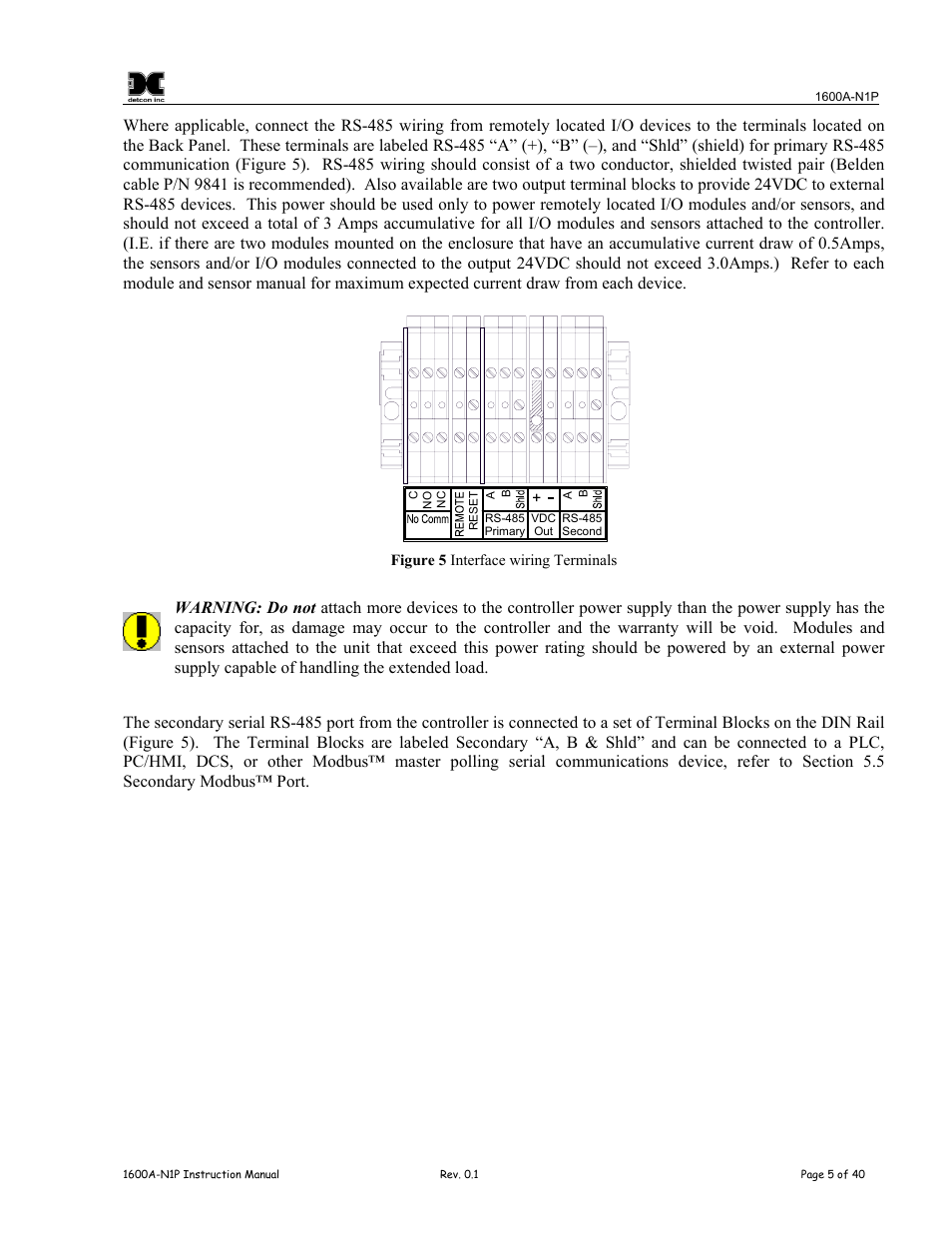 Figure 5 interface wiring terminals | Detcon 1600A-N1P User Manual | Page 9 / 52