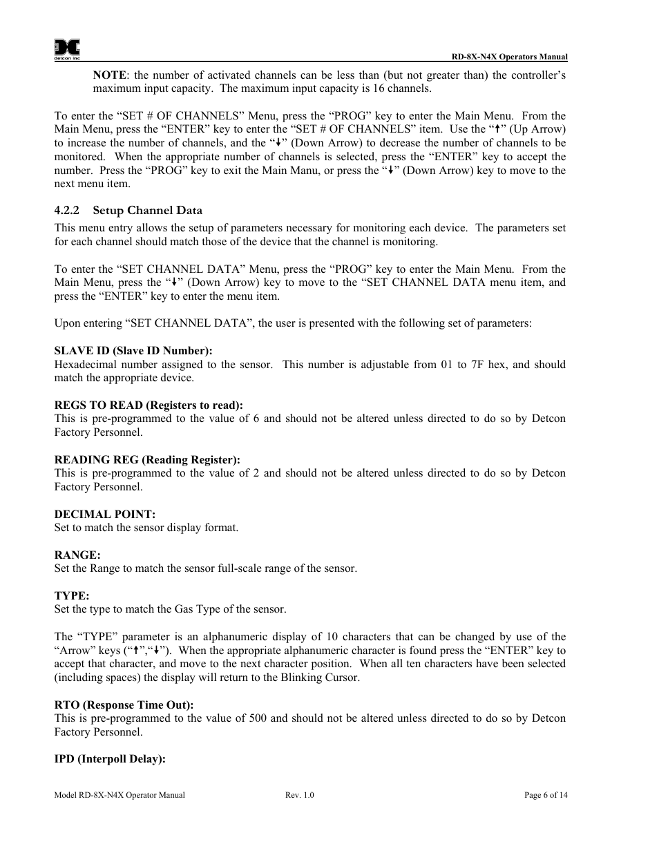 Setup channel data | Detcon RD-8X User Manual | Page 10 / 24