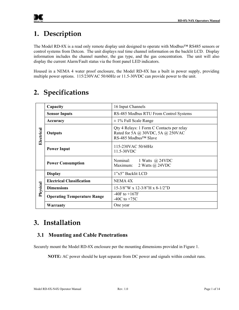 Description, Specifications, Installation | Mounting and cable penetrations | Detcon RD-8X User Manual | Page 5 / 24