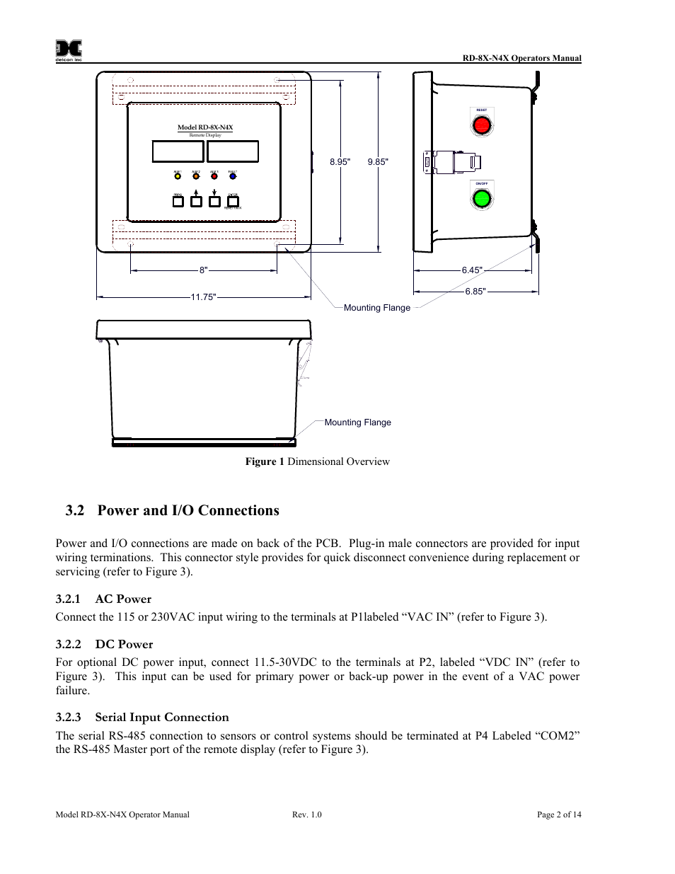 Power and i/o connections, Ac power, Dc power | Serial input connection, Figure 1 dimensional overview, 2 power and i/o connections, 1 ac power, 2 dc power, 3 serial input connection | Detcon RD-8X User Manual | Page 6 / 24