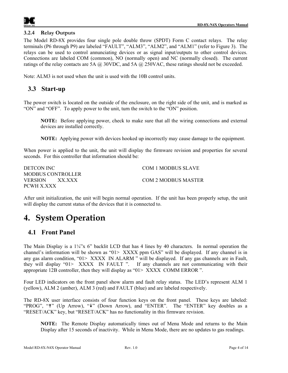 Relay outputs, Start-up, System operation | Front panel, 3 start-up, 1 front panel | Detcon RD-8X User Manual | Page 8 / 24