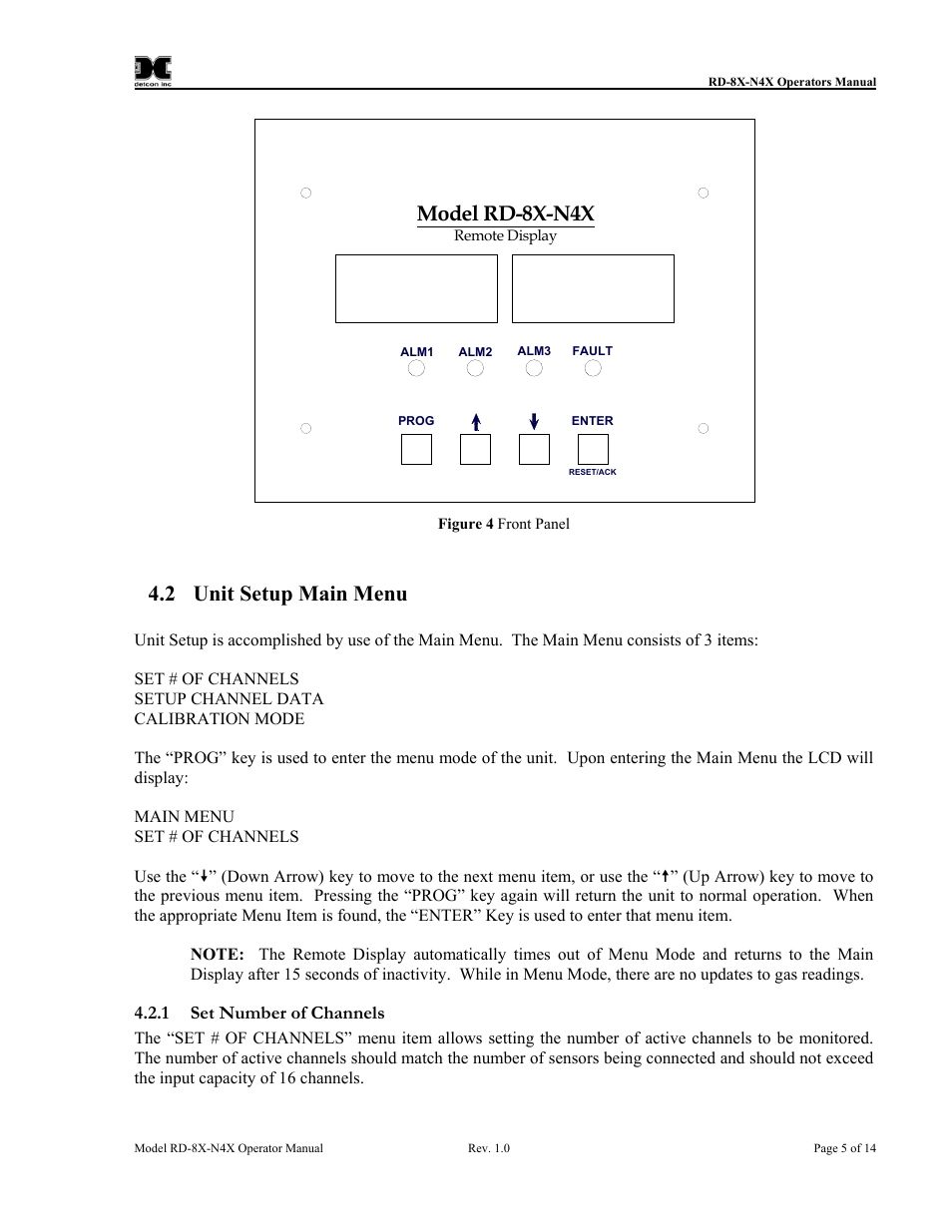 Unit setup main menu, Set number of channels, Figure 4 front panel | Model rd-8x-n4x, 2 unit setup main menu | Detcon RD-8X User Manual | Page 9 / 24