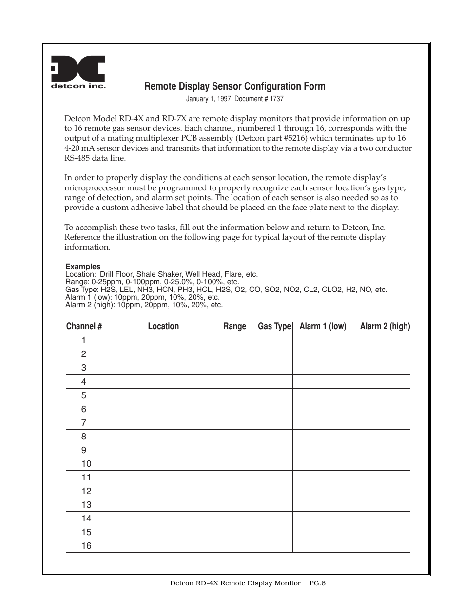Remote display sensor configuration form | Detcon RD-4X User Manual | Page 6 / 7