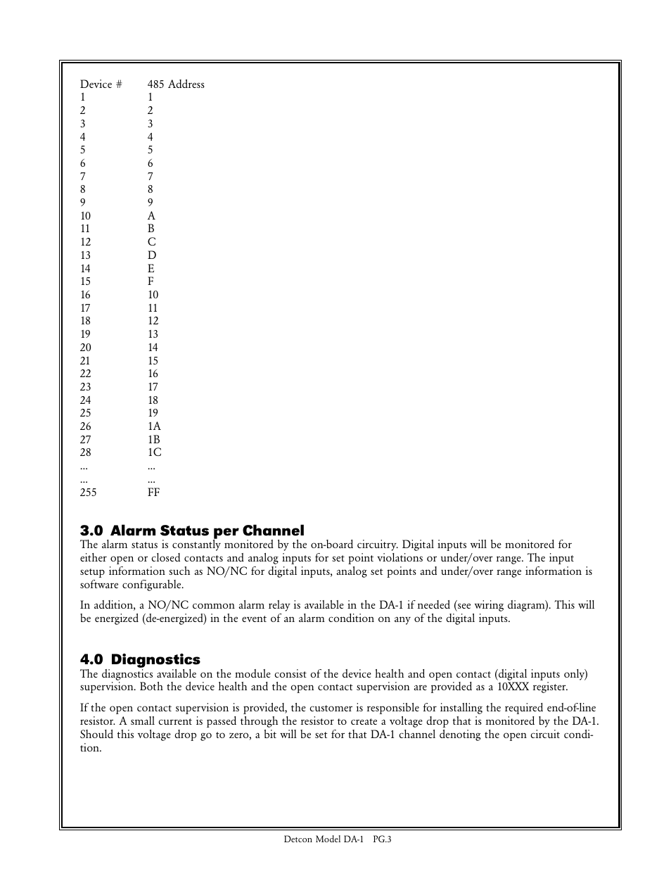 0 alarm status per channel, 0 diagnostics | Detcon DA-1 User Manual | Page 3 / 8