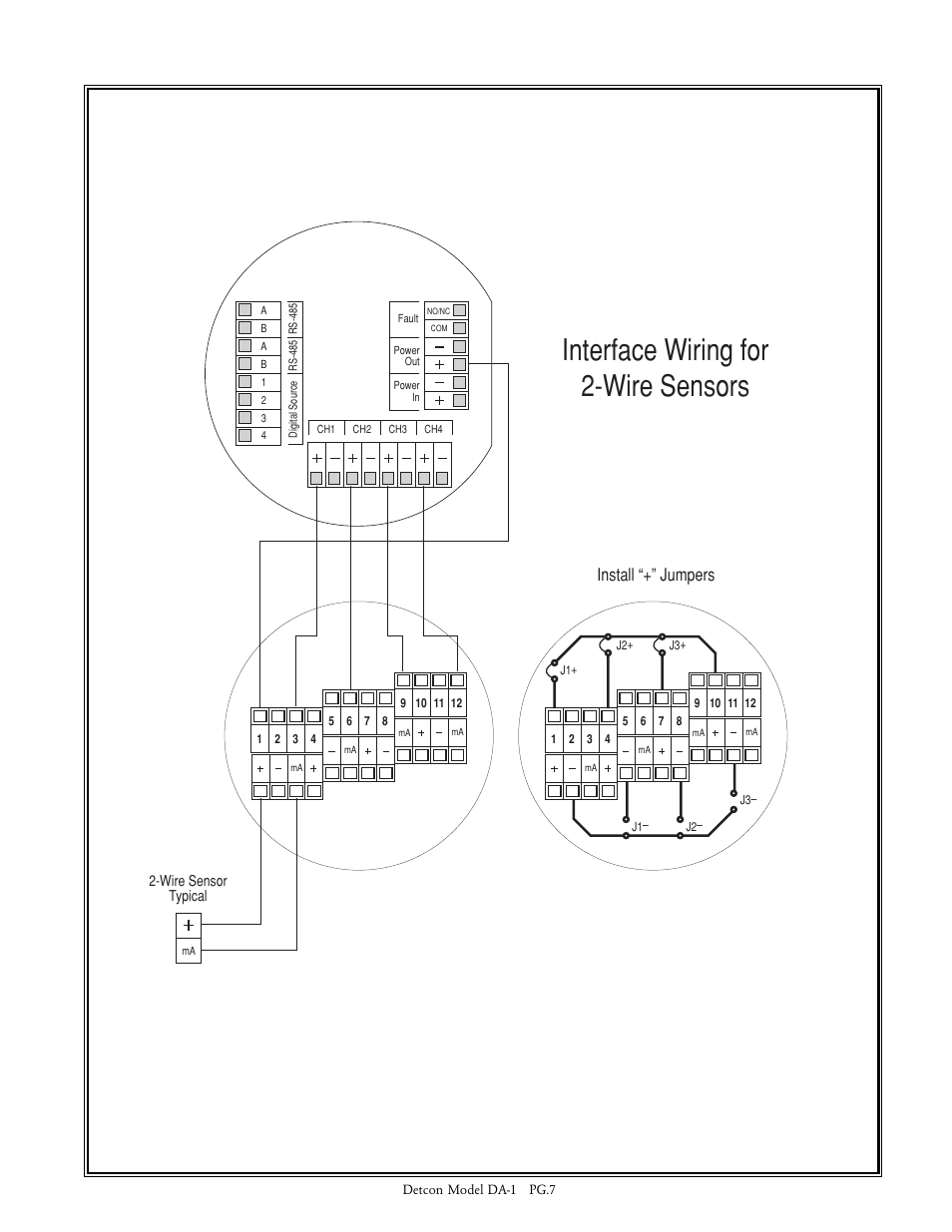 Interface wiring for 2-wire sensors, Install “+” jumpers | Detcon DA-1 User Manual | Page 7 / 8