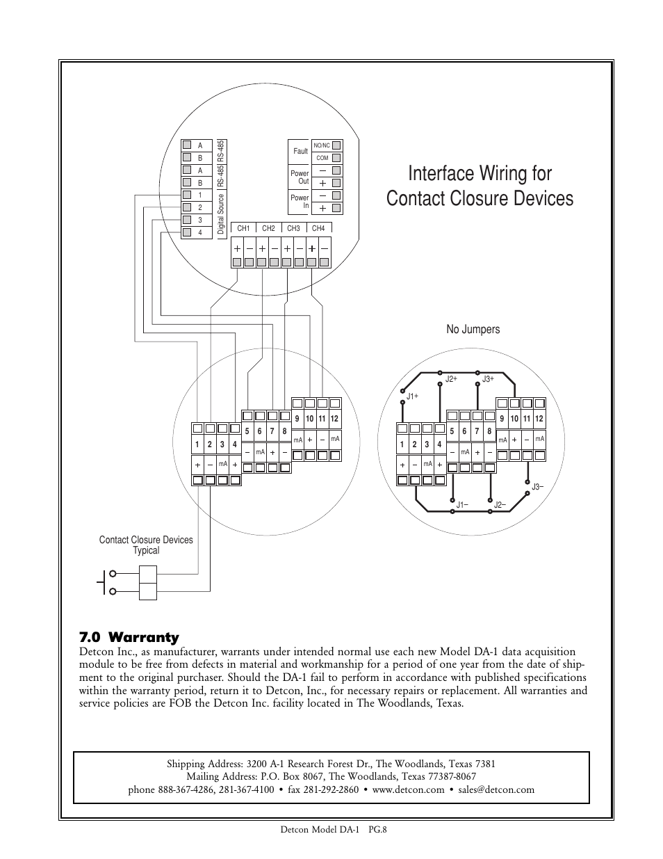 Interface wiring for contact closure devices, 0 warranty, No jumpers | Detcon DA-1 User Manual | Page 8 / 8