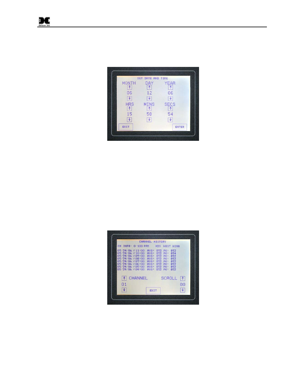 Edit date and time, 20ma output setup, View channel history | Touch screen utilities, Figure 11 set time and date, Figure 12 view channel history, 4 touch screen utilities | Detcon 1600-N1P-RD User Manual | Page 13 / 18