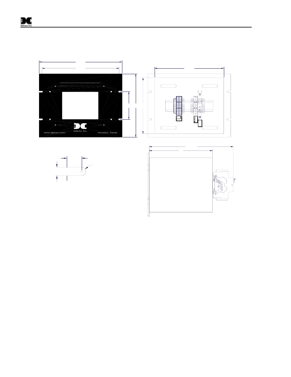 Installation, Figure 1 dimensional overview, 0 installation | Front view, Slot detail back view side view | Detcon 1600-N1P-RD User Manual | Page 6 / 18