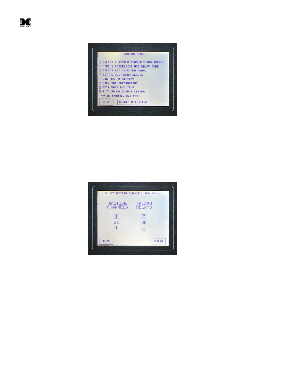 3 program menu selections, 1 select # active channels and relays, 2 modbus™ addressing and relay type | Program menu selections, Select # active channels and relays, Modbus™ addressing and relay type, Figure 15 program menu, Figure 16 set # active channels and relays | Detcon 6400-N1P User Manual | Page 16 / 42