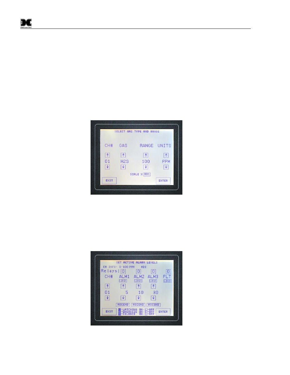 3 select gas type and range, 4 set active alarm levels, Select gas type and range | Set active alarm levels, Figure 21 select gas type, Figure 22 set alarm level, Menu (figure 21), The scalin, Figure 21) discussed in s, The scaling factor is used to ad | Detcon 6400-N1P User Manual | Page 20 / 42