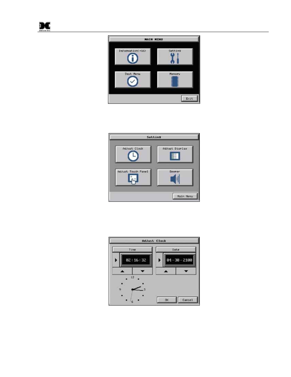 Figure 11 main menu, Figure 12 screen settings, Figure 13 clock adjust screen | Detcon 880RS-N4X User Manual | Page 11 / 23