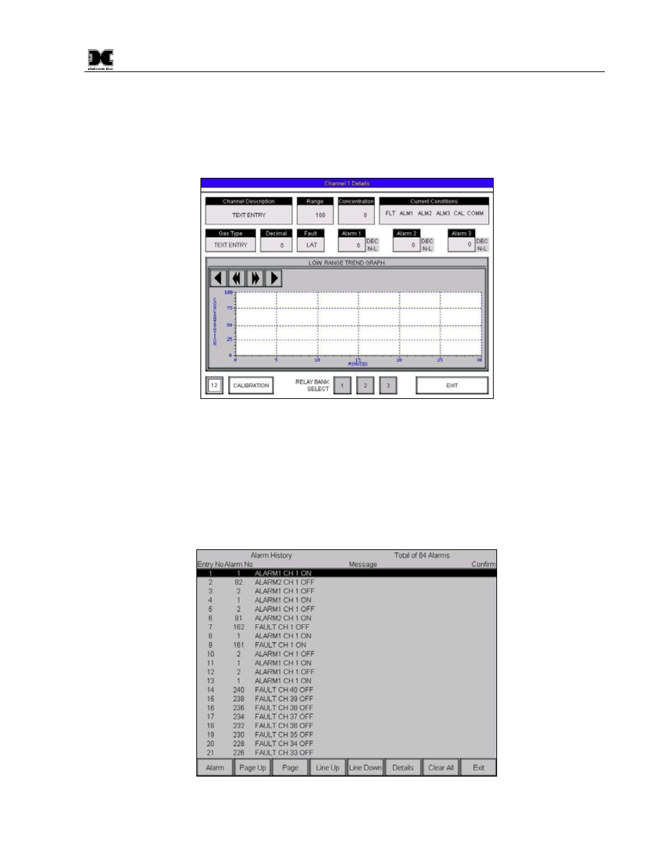 2 channel x details screen, 3 alarm history screen, Channel x details screen | Alarm history screen, Figure 22 channel details screen, Figure 23 alarm history screen | Detcon 880RS-N4X User Manual | Page 17 / 23