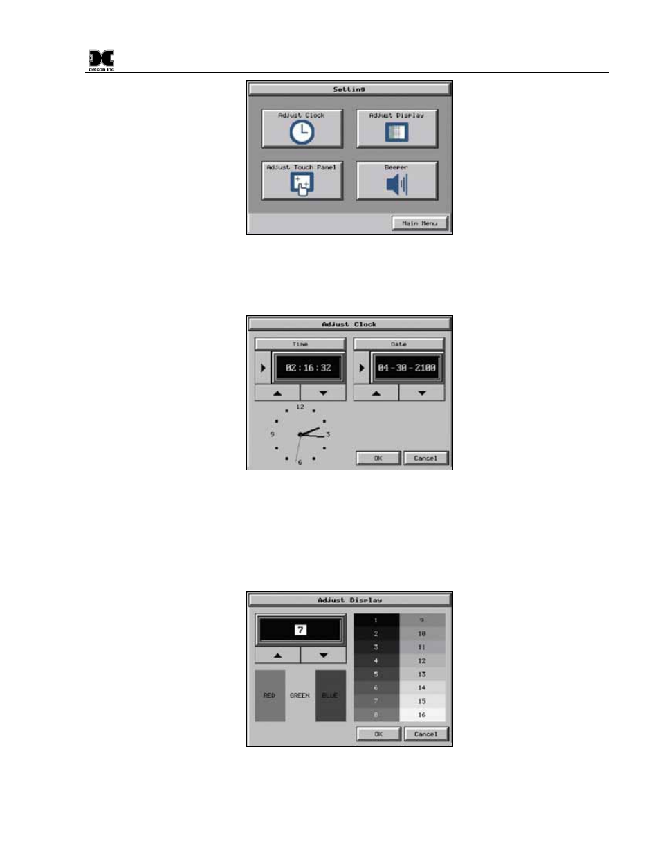 Figure 23 screen settings, Figure 24 clock adjust screen, Figure 25 adjust display screen | Detcon 880S-N4X User Manual | Page 19 / 43