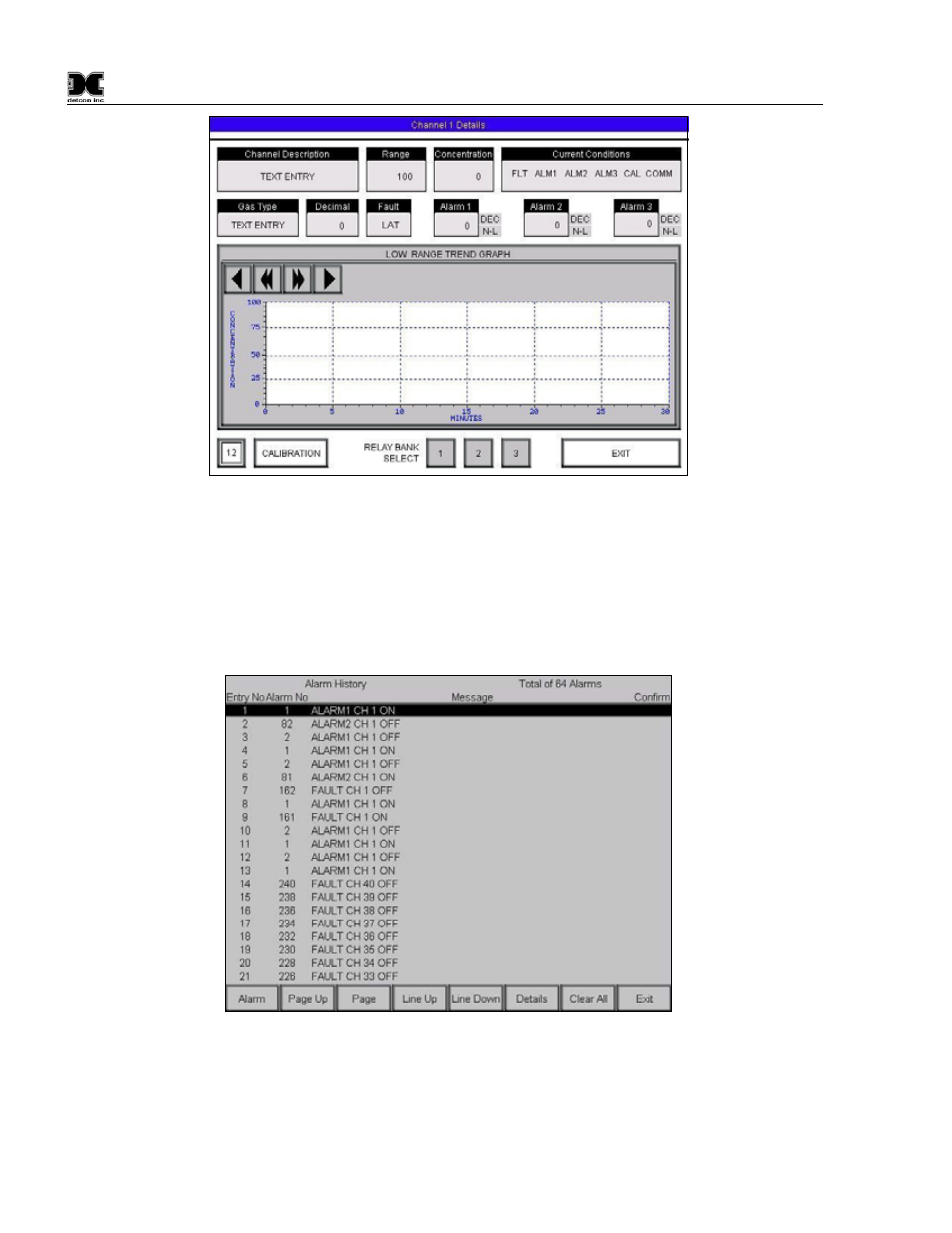 4 alarm history screen, Alarm history screen, Figure 33 channel details screen | Figure 34 alarm history screen, Figure 33). this screen provides a graphic | Detcon 880S-N4X User Manual | Page 28 / 43