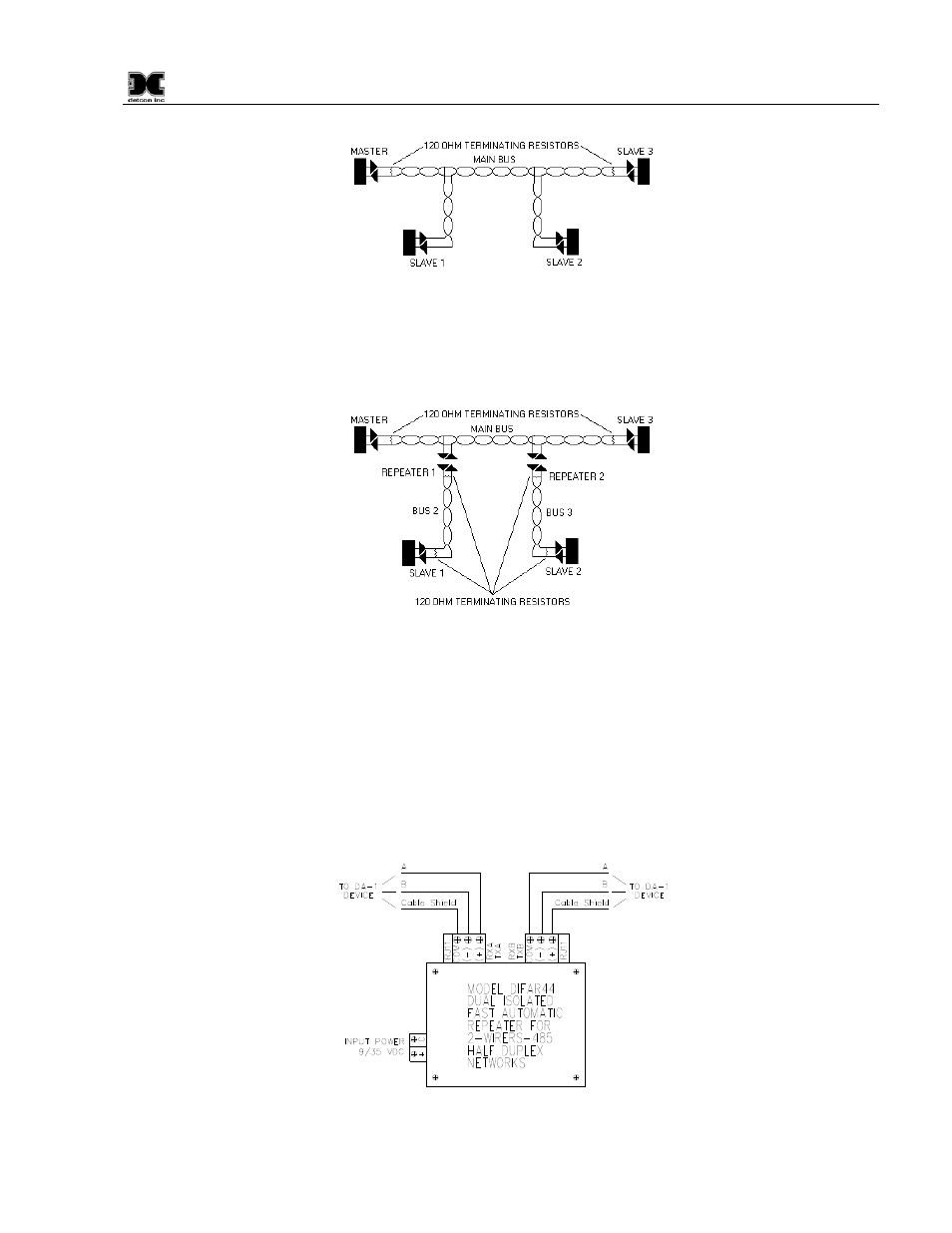 Figure 38 unbalanced data bus, Figure 39 data bus using two repeaters, Figure 40 repeater wiring diagram | Detcon 880S-N4X User Manual | Page 35 / 43