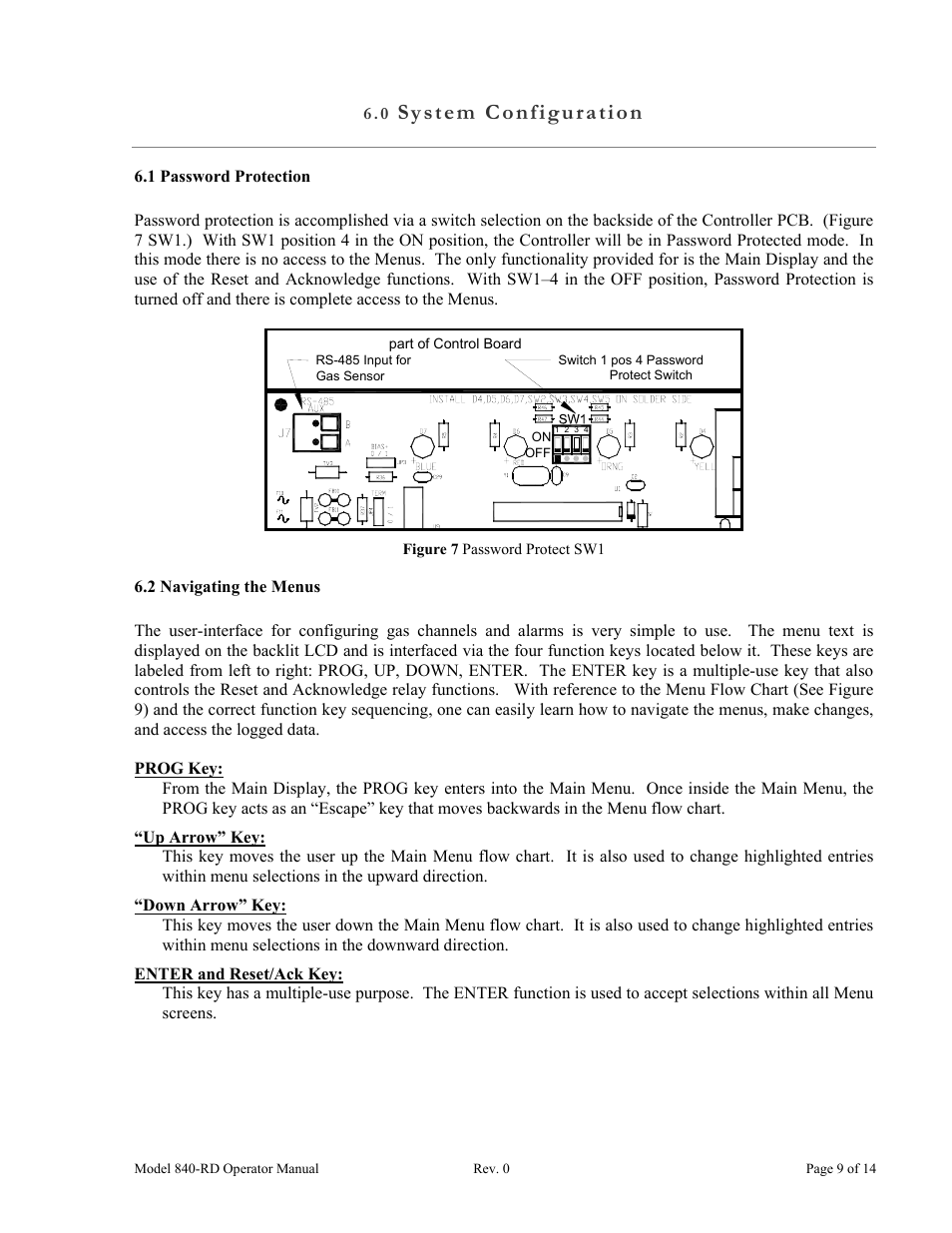 1 password protection, 2 navigating the menus, Prog key | Up arrow” key, Down arrow” key, Enter and reset/ack key, 0 system configuration, Figure 7 password protect sw1, System configuration | Detcon 840-RD User Manual | Page 13 / 18