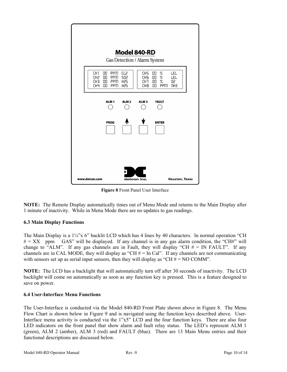 3 main display functions, 4 user-interface menu functions, Figure 8 front panel user interface | Detcon 840-RD User Manual | Page 14 / 18