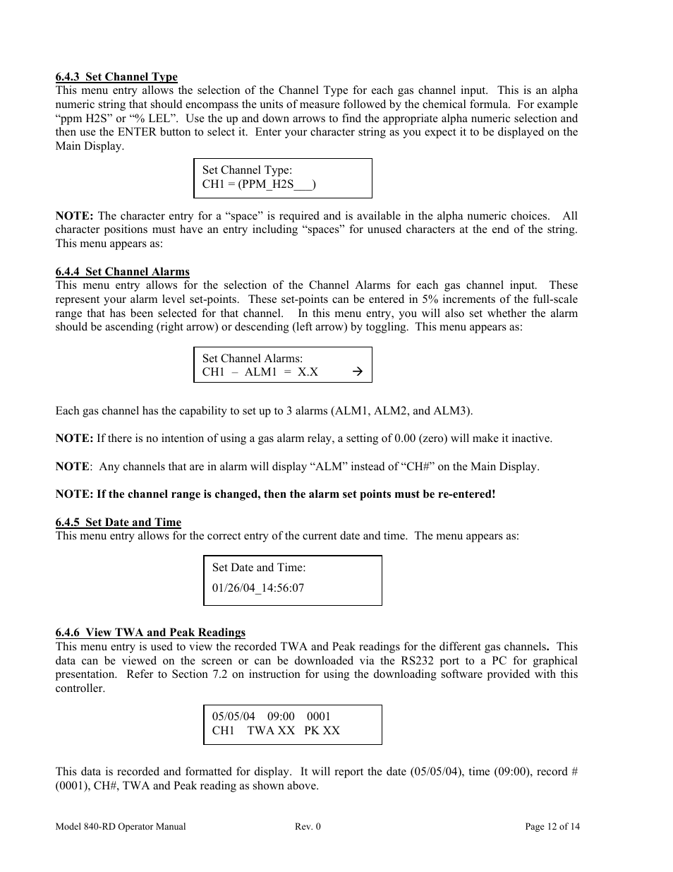 3 set channel type, 4 set channel alarms, 5 set date and time | 6 view twa and peak readings | Detcon 840-RD User Manual | Page 16 / 18