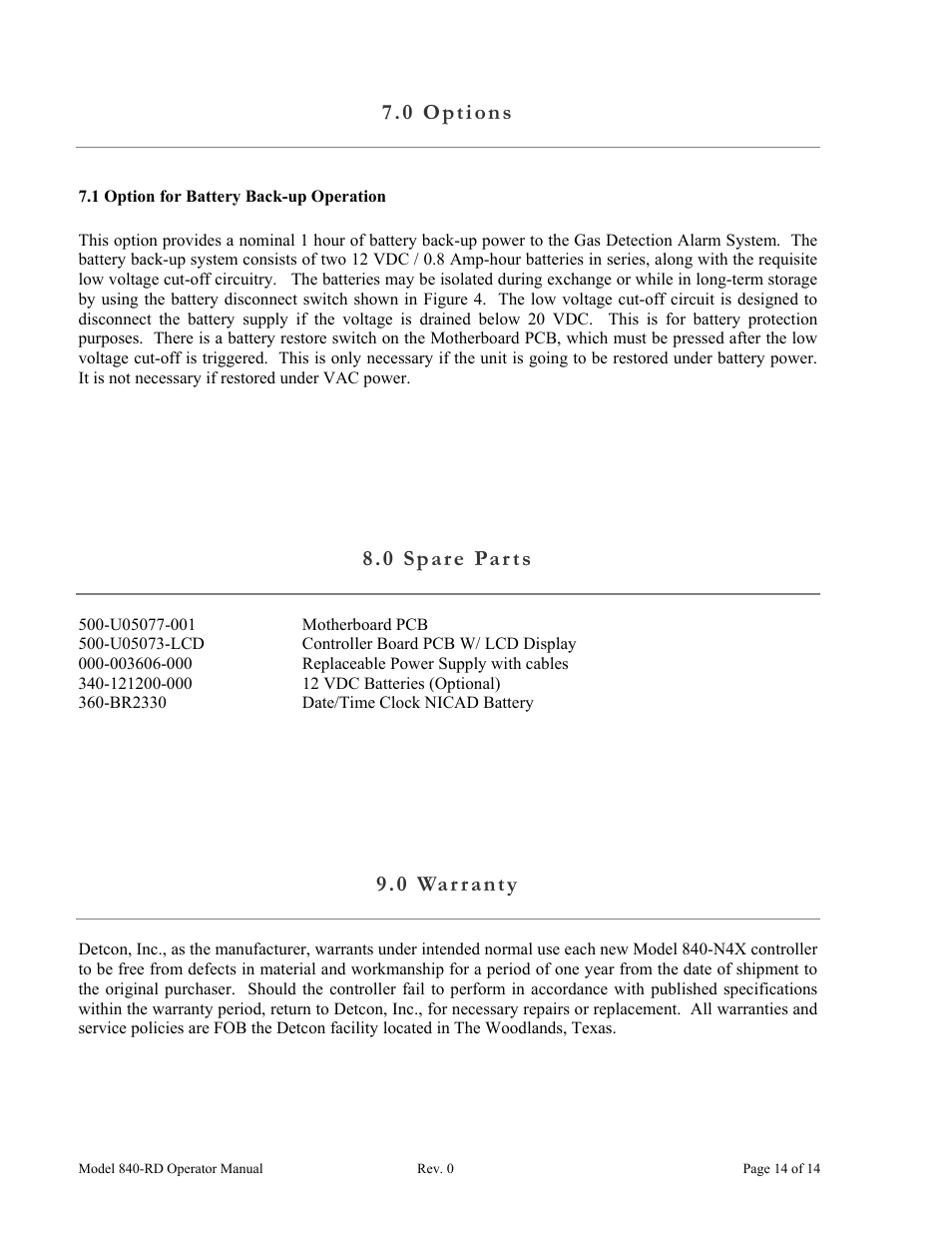 1 option for battery back-up operation, 0 options, 0 spare parts | 0 warranty, 0 opti ons, 0 spar e par ts, 0 war ranty | Detcon 840-RD User Manual | Page 18 / 18