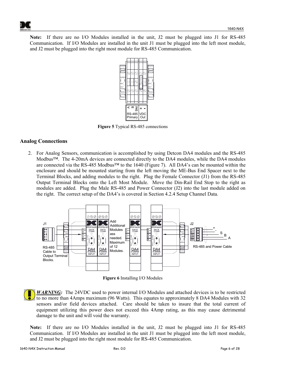 Figure 5 typical rs-485 connections, Analog connections, Figure 6 installing i/o modules | Detcon 1640-N4X User Manual | Page 10 / 38