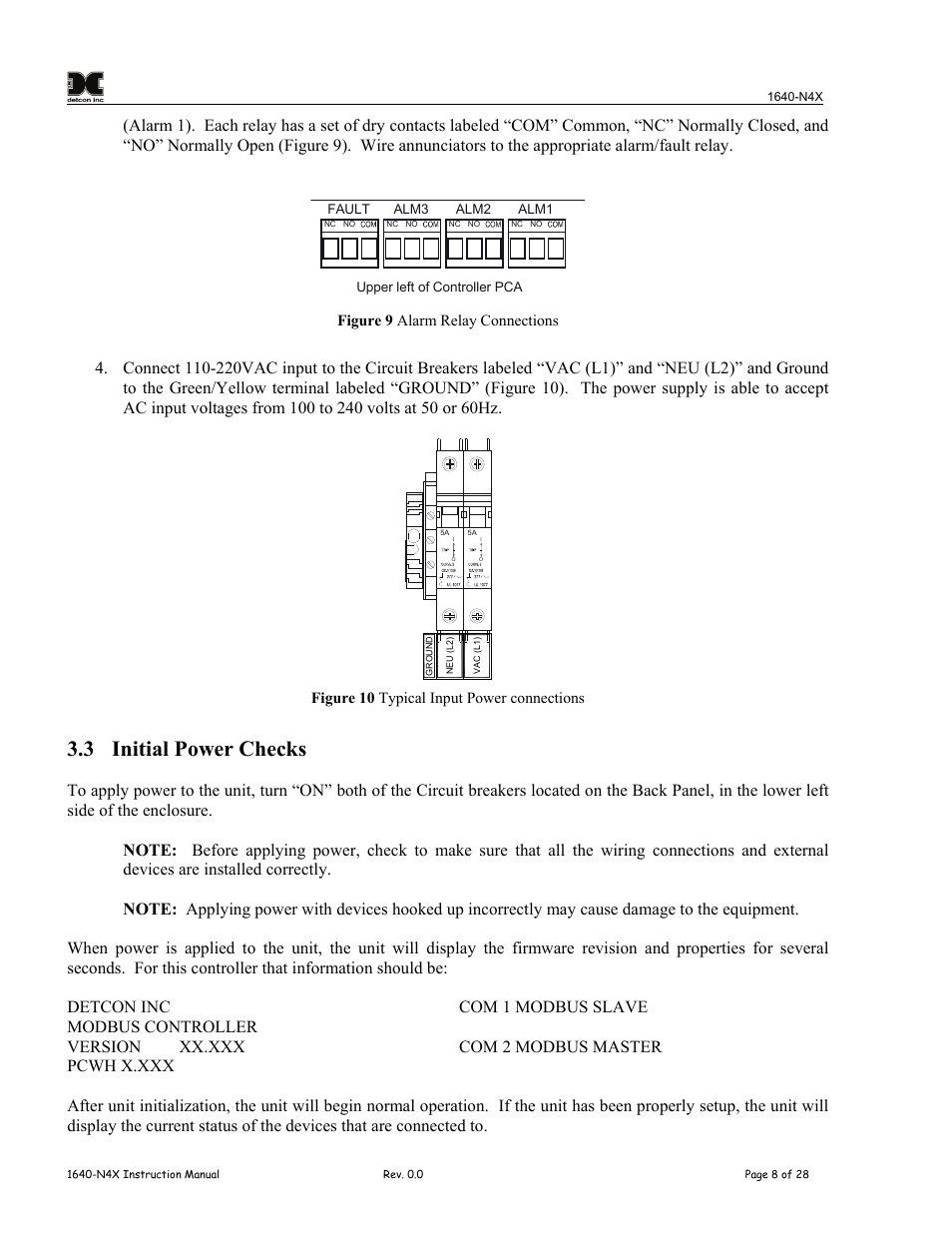 3 initial power checks, Initial power checks, Figure 7 alarm relay connections | Figure 8 typical input power connections | Detcon 1640-N4X User Manual | Page 12 / 38