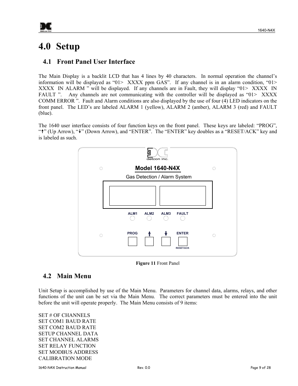 0 setup, 1 front panel user interface, 2 main menu | Setup, Front panel user interface, Main menu, Figure 9 front panel | Detcon 1640-N4X User Manual | Page 13 / 38