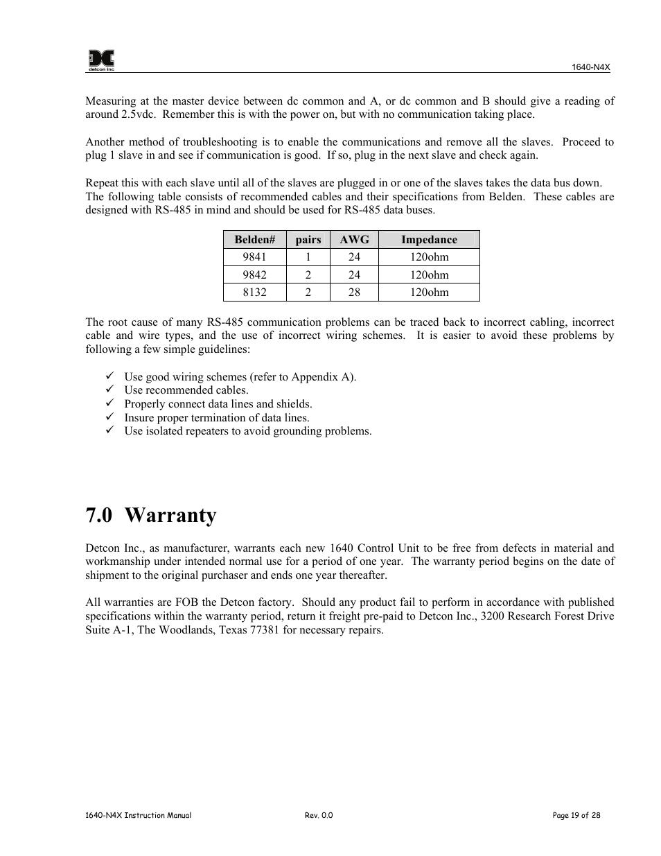 0 warranty, Warranty | Detcon 1640-N4X User Manual | Page 23 / 38