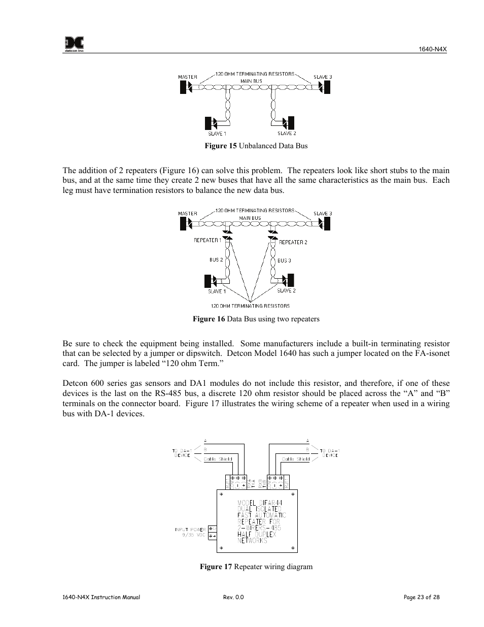 Figure 13 unbalanced data bus, Figure 14 data bus using two repeaters, Figure 15 repeater wiring diagram | Detcon 1640-N4X User Manual | Page 27 / 38