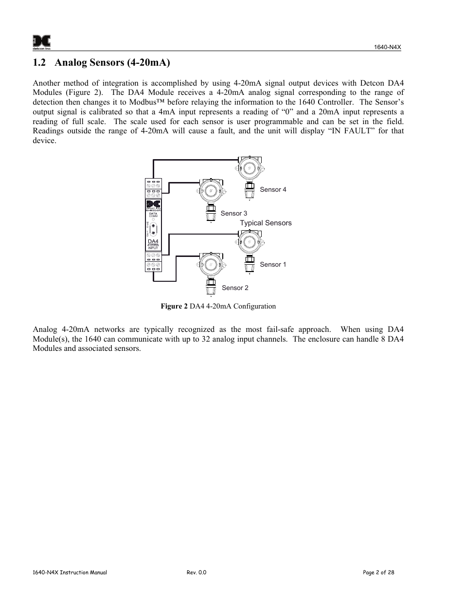 2 analog sensors (4-20ma), Analog sensors (4-20ma), Figure 2 da4 4-20ma configuration | Detcon 1640-N4X User Manual | Page 6 / 38