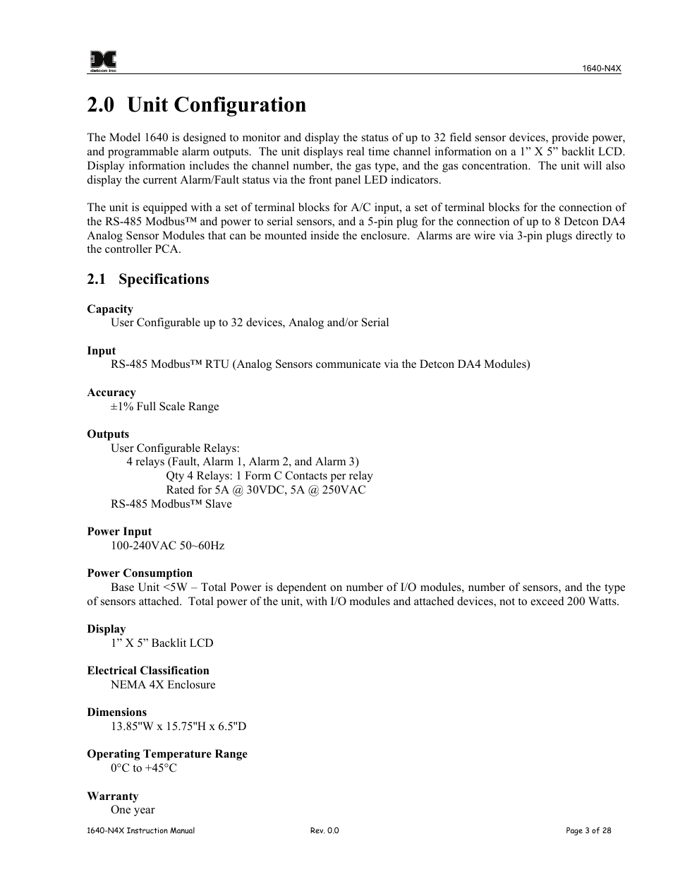 0 unit configuration, 1 specifications, Unit configuration | Specifications | Detcon 1640-N4X User Manual | Page 7 / 38