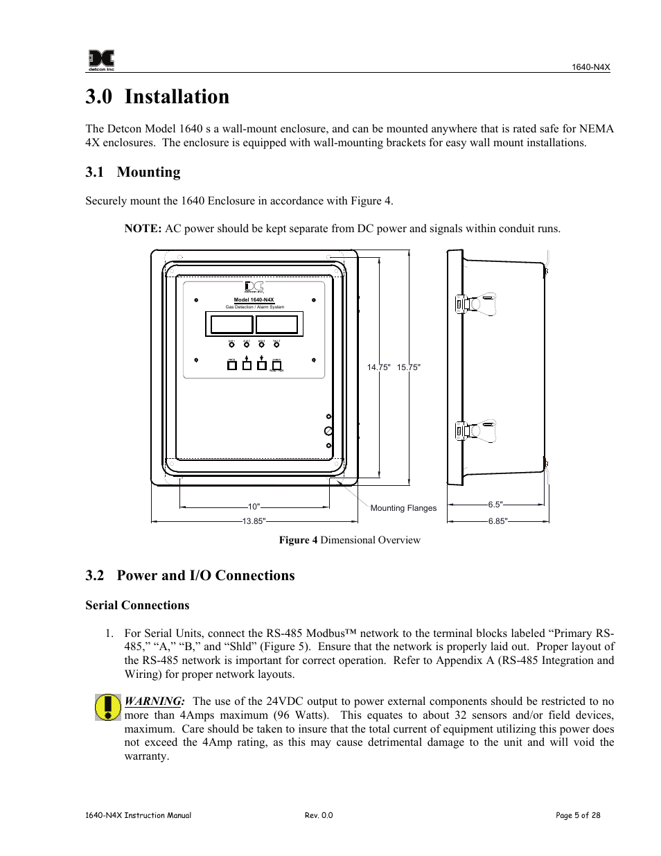 0 installation, 1 mounting, 2 power and i/o connections | Installation, Mounting, Power and i/o connections, Figure 4 dimensional overview | Detcon 1640-N4X User Manual | Page 9 / 38