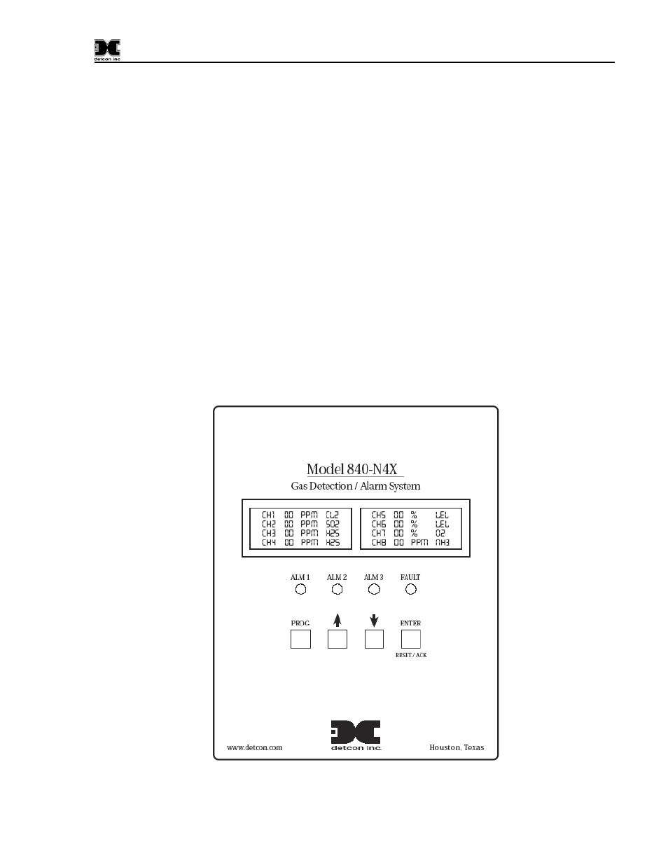 1 prog key, 2 “up arrow” key, 3 “down arrow” key | 4 enter and reset/ack key, Prog key, Up arrow” key, Down arrow” key, Enter and reset/ack key, Figure 8 front panel user interface | Detcon 840 User Manual | Page 15 / 33